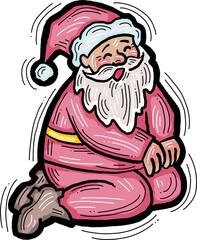 Funny Santa Claus sitting, hand drawn cartoon character, comic personage illustration. Decorative element for poster print, Christmas party invitation, postcard design. Traditional winter celebration.