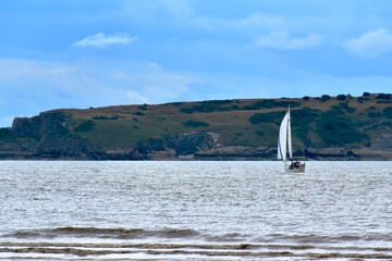 Sailboat on the sea, Bristol Channel, Weston-super-Mare, England, UK
