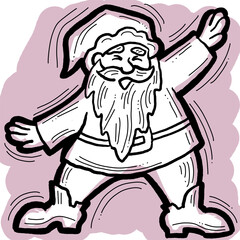 Funny Santa Claus dancing, hand drawn cartoon character, comic personage illustration. Decorative element for poster print, Christmas party invitation, postcard design. Traditional winter celebration.
