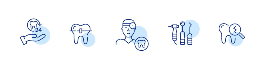 Set of dentistry related icons. 24 hour, dentist, tools, braces and cracked enamel. Pixel perfect, editable stroke