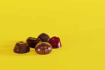 Various chocolate pralines on a yellow background. Concept of making chocolate, eating pralines. 3D render, 3D illustration.