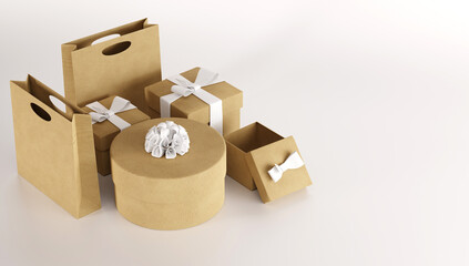 Paper gift boxes on a light background with ribbons. Concept of making gifts, buying gifts, shopping. 3D render, 3D illustration.
