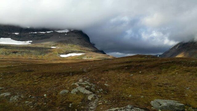 Drone footage of Kungsleden hiking trail between Hemavan and Ammarnas, late September, Lapland, Sweden