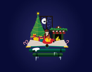 Imagination concept - christmas fairy tail story come out of a book. Girl in red dress opening christmas presents.
