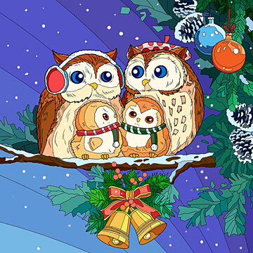 Merry Christmas, cartoon illustration of four cute owls on a tree branch in winter on christmas eve 