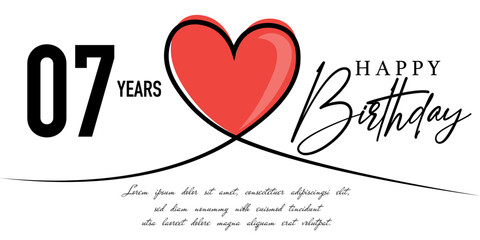 Happy 07th birthday card vector template with lovely heart shape.
