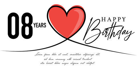 Happy 08th birthday card vector template with lovely heart shape.
