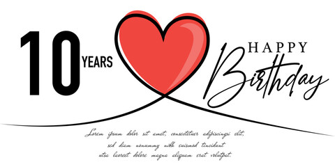 Happy 10th birthday card vector template with lovely heart shape.
