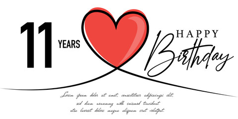 Happy 11th birthday card vector template with lovely heart shape.
