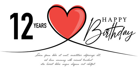 Happy 12th birthday card vector template with lovely heart shape.
