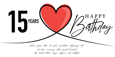 Happy 15th birthday card vector template with lovely heart shape.
