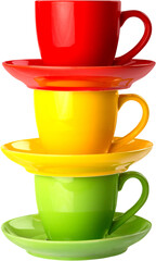 Many colorful coffee cups on white background