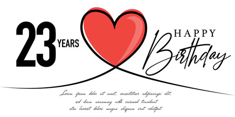 Happy 23rd birthday card vector template with lovely heart shape.
