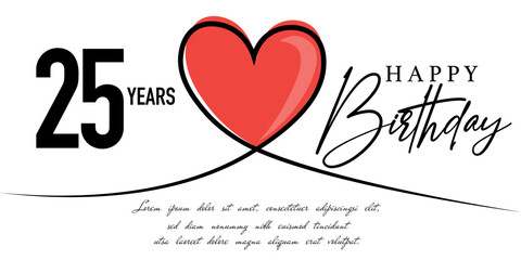 Happy 25th birthday card vector template with lovely heart shape.
