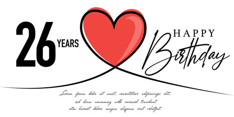 Happy 26th birthday card vector template with lovely heart shape.
