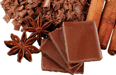 Grated Chocolate with Cinnamon, Anise and Chocolate Blocks - Isolated