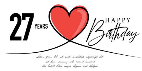 Happy 27th birthday card vector template with lovely heart shape.
