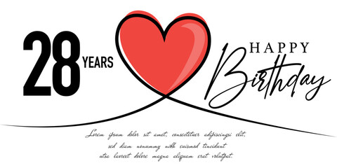 Happy 28th birthday card vector template with lovely heart shape.
