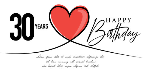 Happy 30th birthday card vector template with lovely heart shape.
