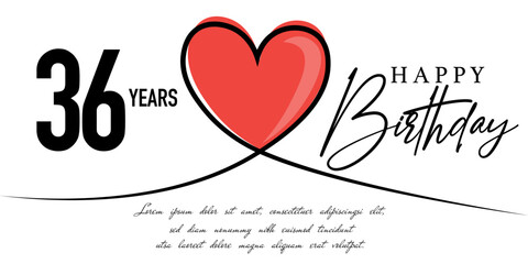 Happy 36th birthday card vector template with lovely heart shape.
