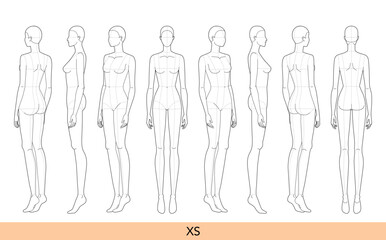 Set of XS size Women Fashion template 9 head Croquis Lady model skinny body with main lines figure front, side, 3-4, back view. Vector outline girl for Fashion Design, Illustration, technical drawing