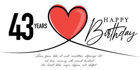 Happy 43rd birthday card vector template with lovely heart shape.
