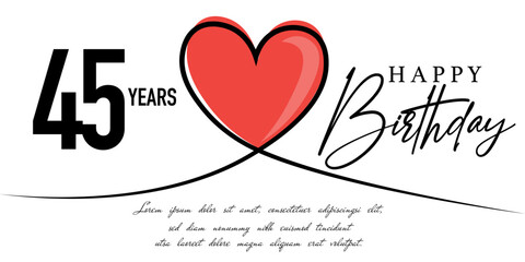 Happy 45th birthday card vector template with lovely heart shape.
