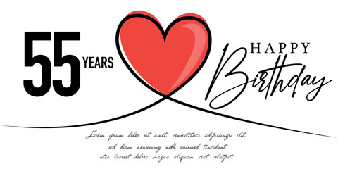 Happy 55th birthday card vector template with lovely heart shape.
