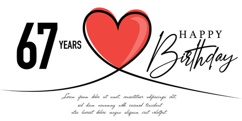 Happy 67th birthday card vector template with lovely heart shape.
