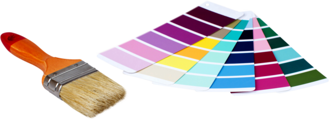 Brush and bright palette of colors on white background
