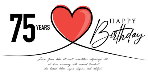 Happy 75th birthday card vector template with lovely heart shape.
