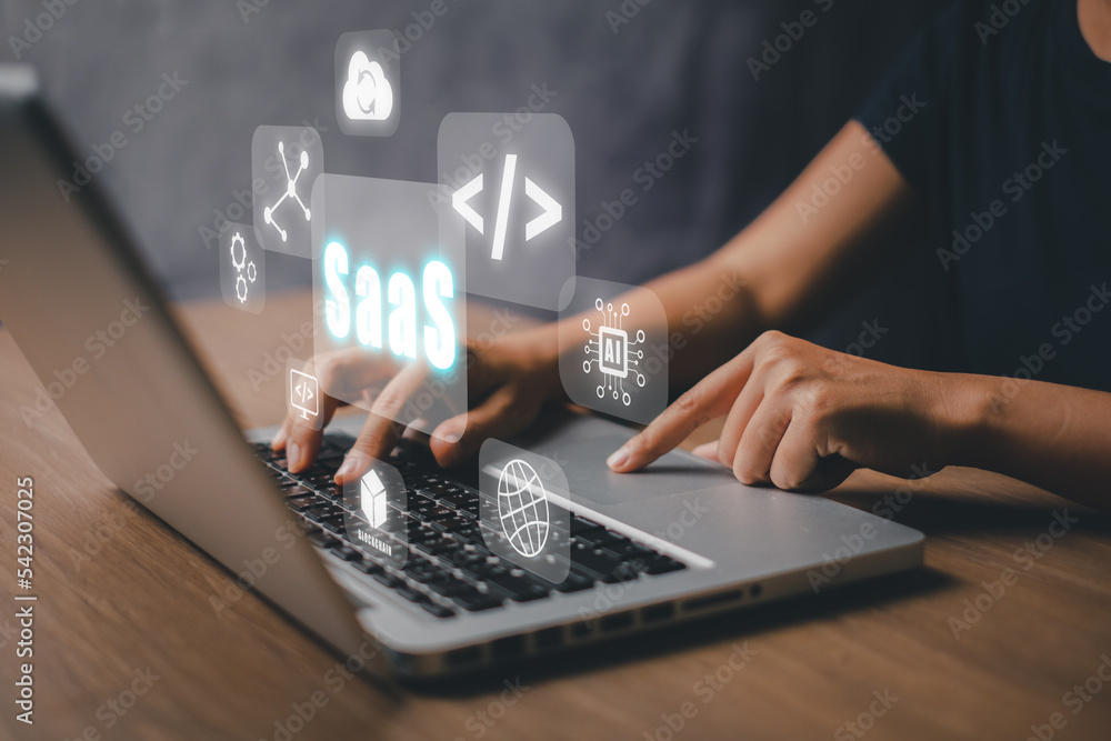 Poster saas - software as a service, woman hand working on laptop to synchronize on saas host server to wor