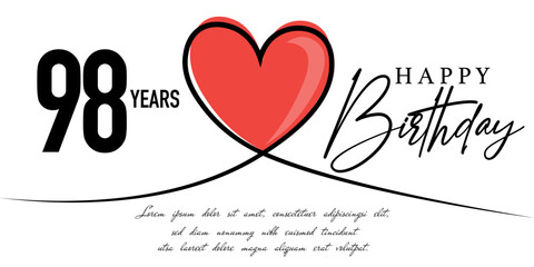 Happy 98th birthday card vector template with lovely heart shape.
