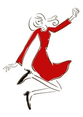 Woman jumping in red dress.