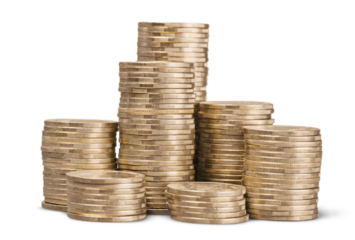 Golden coin stacks on a white background