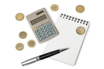 Coins  and calculator with  check for financial concept