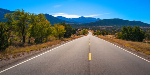 Road to the Sandia Mountains, autumn southwestern landscape, on Route 14 from Santa Fe to...