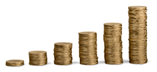 Golden coin stacks on a white background