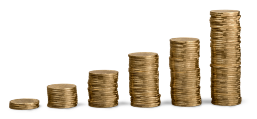 Golden coin stacks on a white background
