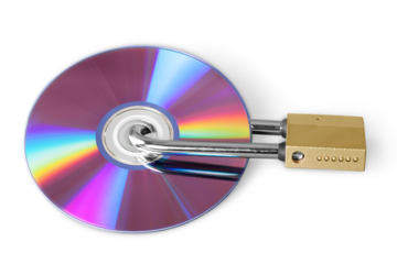 Digital data security concept padlock locking cd dvd isolated on white
