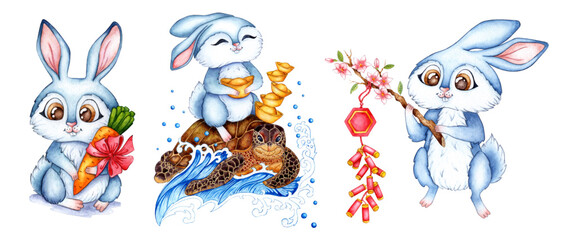 A set of watercolor illustrations of blue rabbits with carrots, on a turtle and with crackers. Holiday, celebration, New Year. Ideal for t-shirts, cards, prints. Isolated on white background