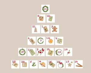Advent calendar, countdown. Christmas presents in kraft paper, wreaths, 24 days. Rustic gift box. Handmade decoration, DIY. Xmas, New Year celebration preparation. Vector flat cartoon style