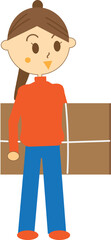 ゴミ出しの為に段ボールをまとめている女性のイラスト・主婦・ゴミ出し・環境（線あり）