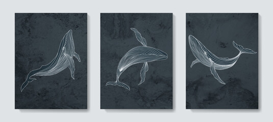 Watercolor art background in blue tones with whales in white art line style. Animal hand drawn poster set for decoration, print, textile, wallpaper, interior design. © VectorART