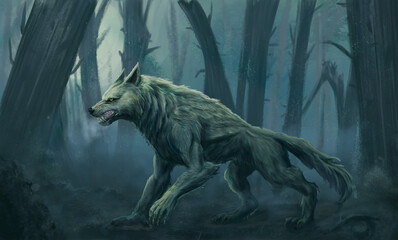 hombre lobo en el bosque a la medianoche - obrazy, fototapety, plakaty