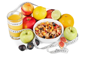 Diet weight loss breakfast concept with tape measure organic green apple, cereal bowl, orange juice, pineapple, muesli cereal bowl, pear, kiwi, lemon, strawberries on a white background