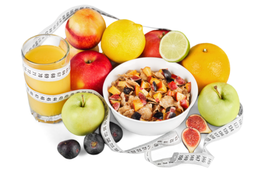 Diet weight loss breakfast concept with tape measure organic green apple, cereal bowl, orange juice, pineapple, muesli cereal bowl, pear, kiwi, lemon, strawberries on a white background