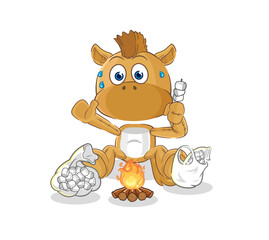 horse roasting marshmallows. cartoon mascot vector