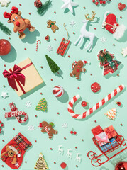 Trendy Christmas pattern made with various winter and New Year objects on bright light tiffany...