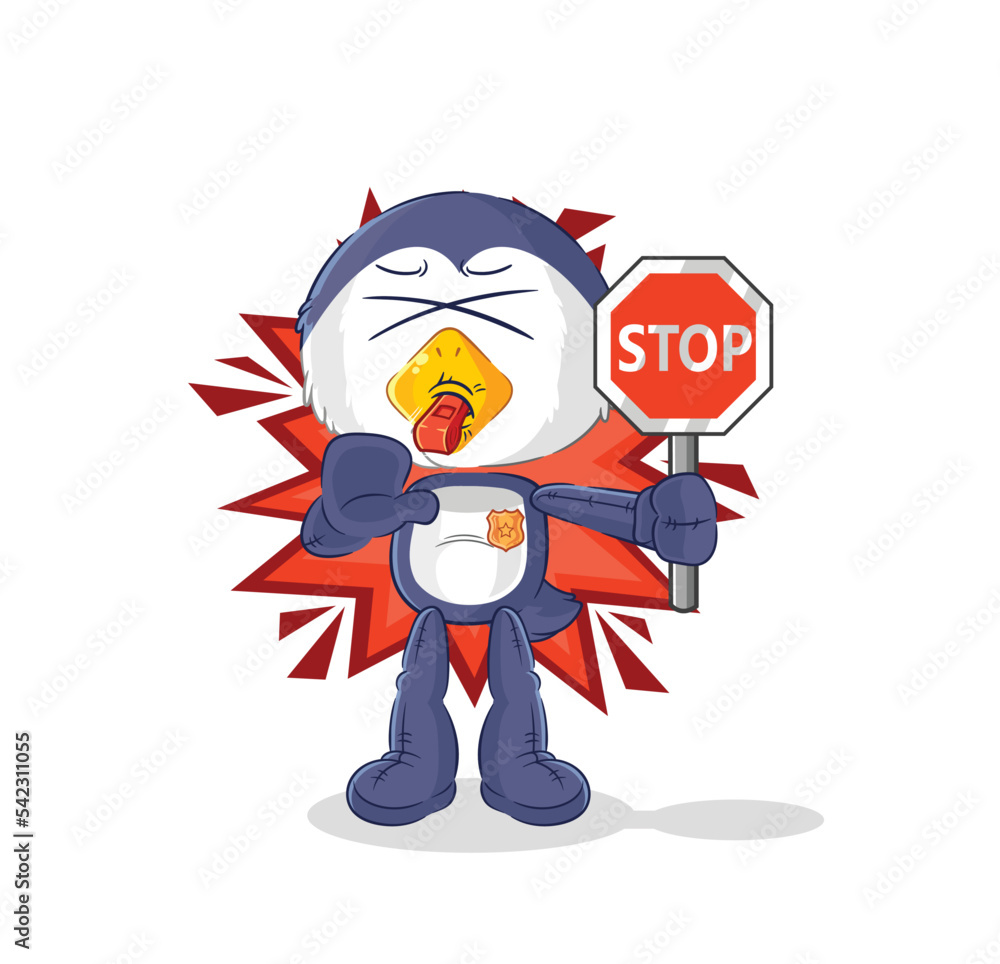 Wall mural penguin holding stop sign. cartoon mascot vector